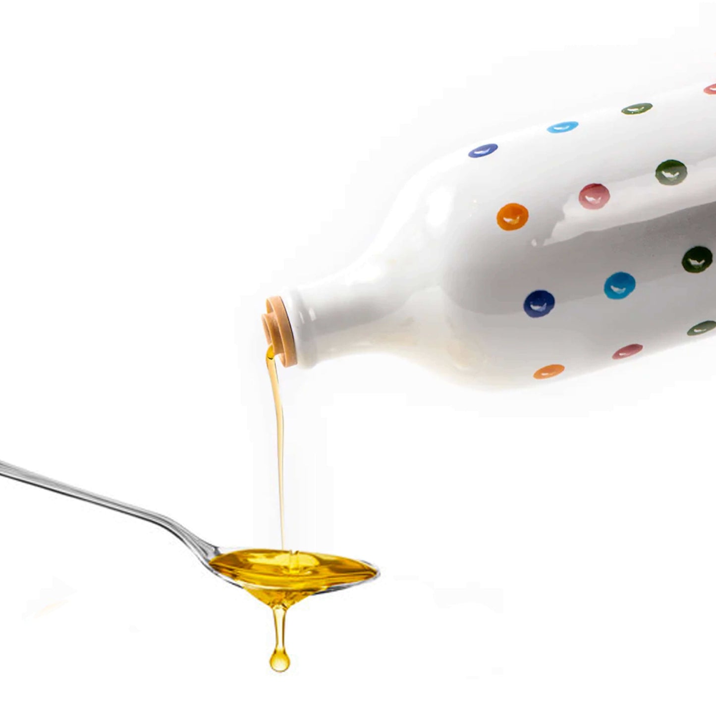 Pop art-inspired olive oil bottle with vibrant dots, gold oil dripping onto spoon, showcasing luxurious Italian craftsmanship and bold, artistic design.