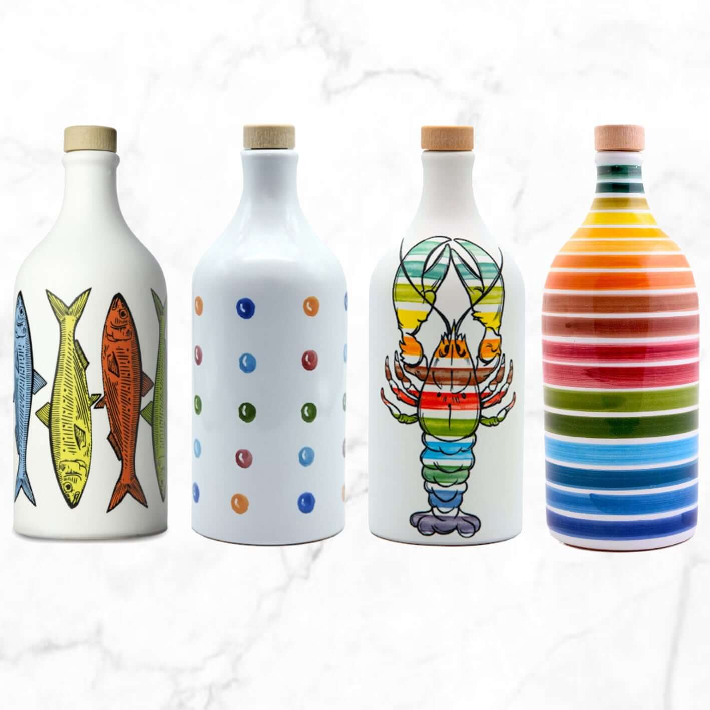 Four vibrant olive oil bottles with rainbow lobster, sardine, pop art dots, and lobster designs, showcasing bold, colorful Mediterranean craftsmanship in one stunning collection.