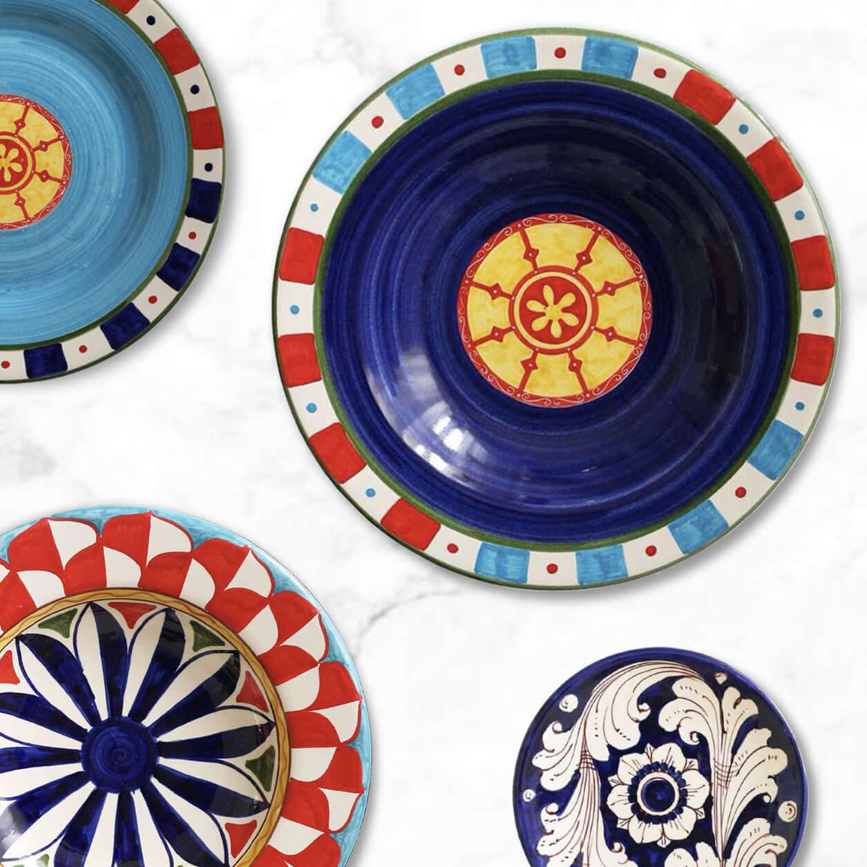 Sicily Paladini dinner, deep, salad, and dessert plates, inspired by Sicilian cart art, handmade ceramic craftsmanship, vibrant graphic designs, all-Italian masterpiece