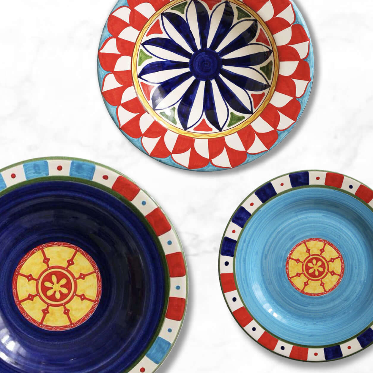 Sicily Paladini dinner, deep, and salad plates, inspired by Sicilian cart art, handmade ceramic craftsmanship, vibrant graphic designs, all-Italian masterpiece