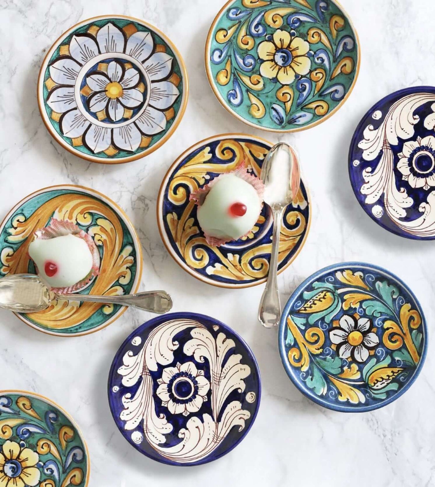 Sicilian dessert plate, mix-and-match colorful hand-painted designs, artisan-made in Italy, vibrant ceramic craftsmanship