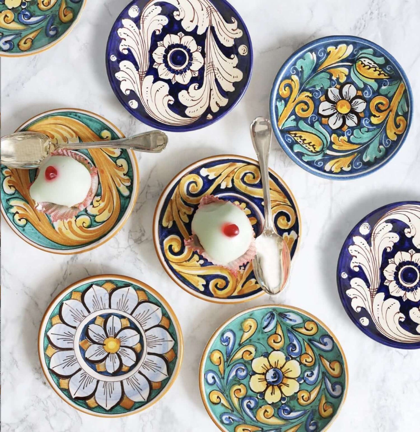 Sicilian dessert plate, mix-and-match colorful hand-painted designs, artisan-made in Italy, vibrant ceramic craftsmanship