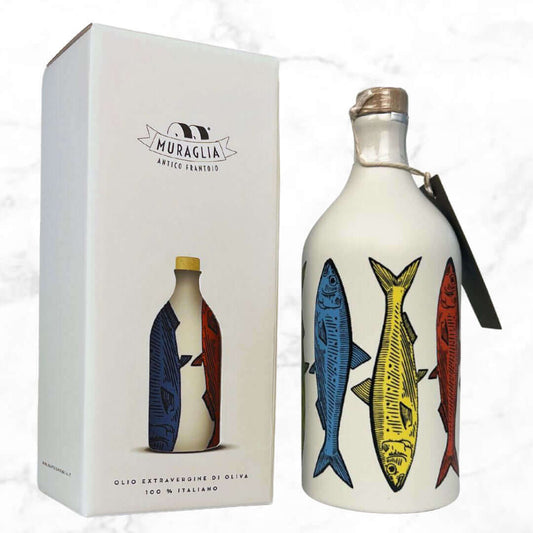 Muraglia Italian EVOO, hand-painted ceramic bottle, 100% Coratina olive oil, artisan-made in Puglia, collectible olive oil, 500ml