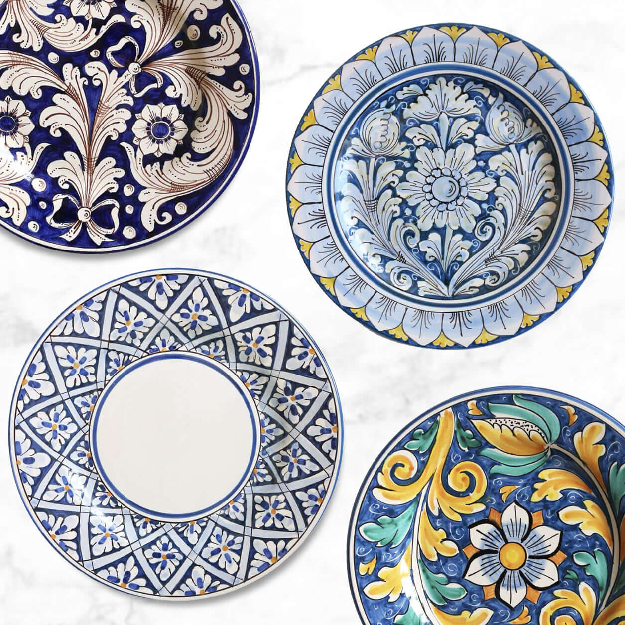 Handcrafted Sicilian ceramic dinner plates with intricate blue and yellow designs, inspired by traditional Caltagirone art.
