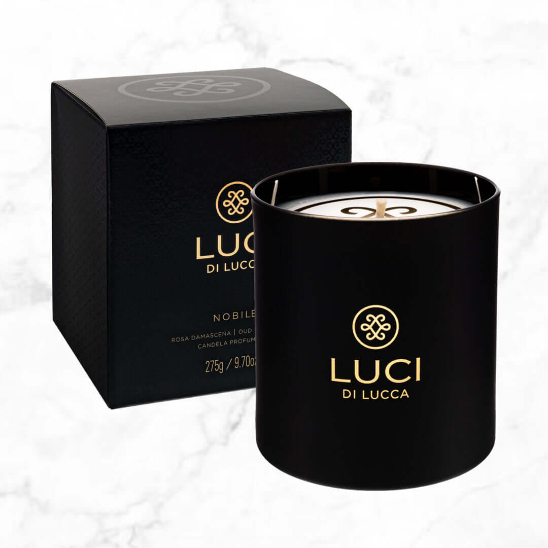 Nobile luxury scented candle, handmade in Lucca, Italy, eco-crystal vessel, oud and sandalwood, premium vegetable wax, 55-hour burn time